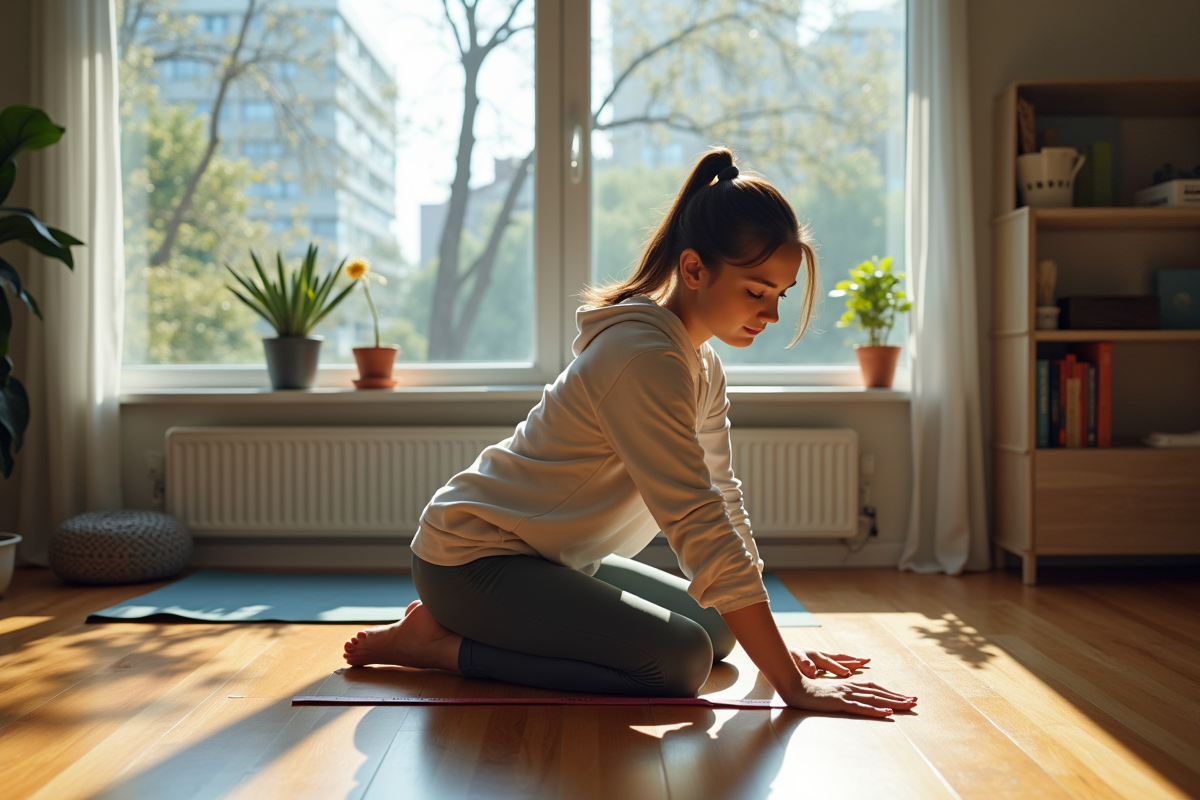 Jeune femme mesurant un coin de son salon lumineux pour la boxe