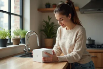 Femme élégante examinant un produit moderne dans une cuisine contemporaine