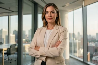 Femme moderne confiante en blazer crème dans un bureau contemporain, symbolisant la force et l'indépendance féminine en 2026