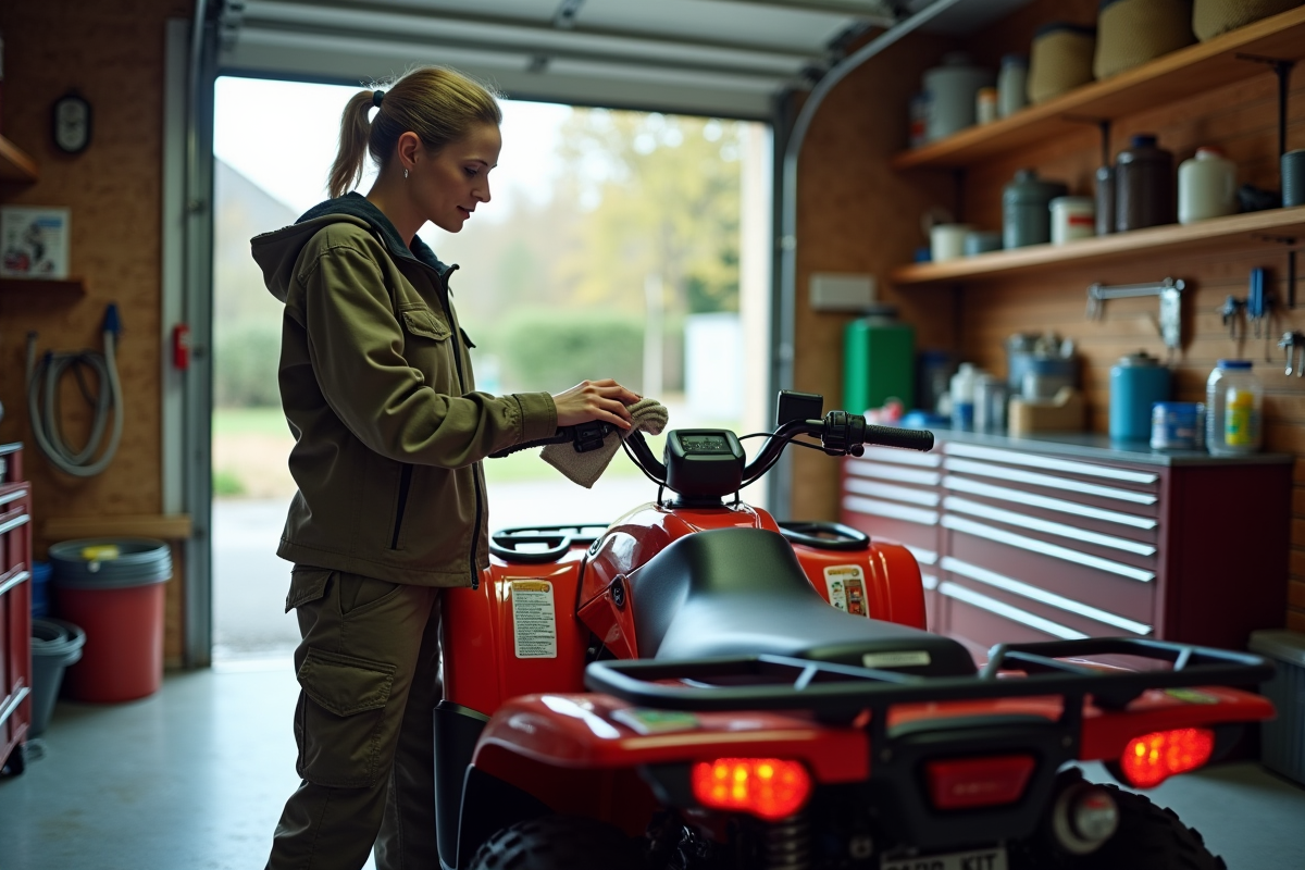 Femme nettoyant un quad dans un garage organisé