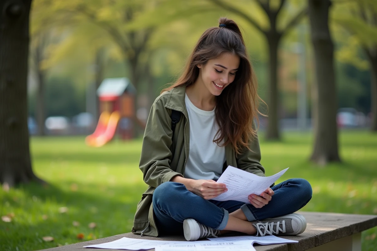 Jeune femme souriante avec notes et équipement Dofus dans un parc
