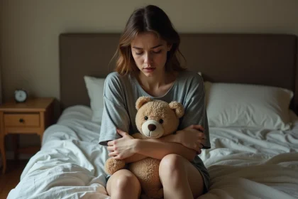 Jeune femme songeuse tenant un ourson en peluche au bord du lit au réveil, illustrant l'anxiété et les rêves nocturnes