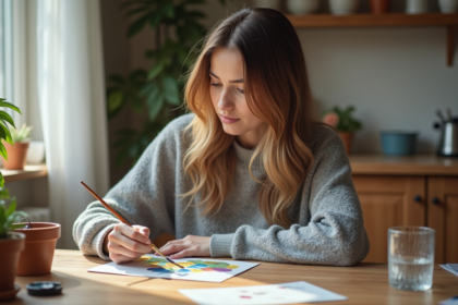 Femme en train de peindre un tableau paintbynumbers dans la cuisine