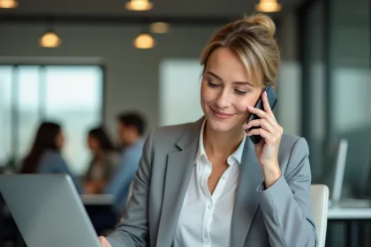 Femme utilisant l'annuaire téléphonique 118 712 sur smartphone au bureau pour trouver un professionnel rapidement