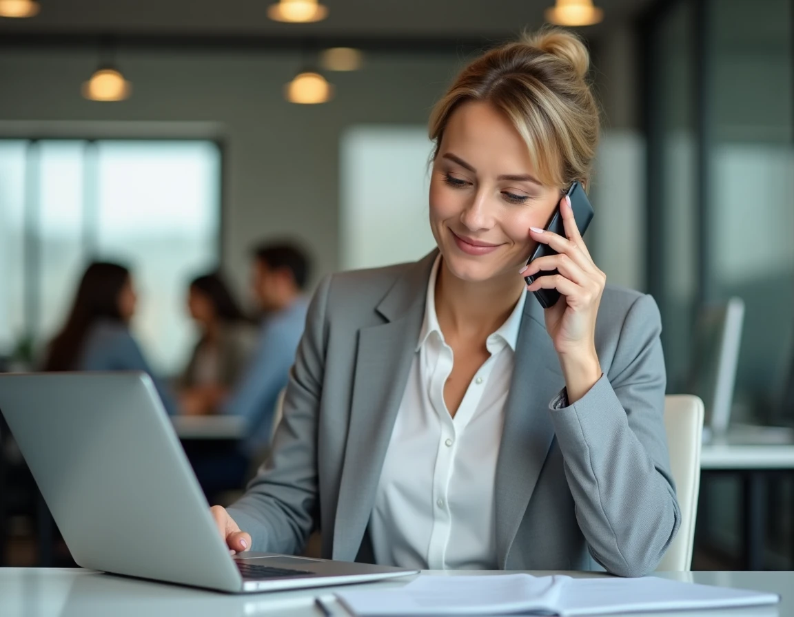 Femme utilisant l'annuaire téléphonique 118 712 sur smartphone au bureau pour trouver un professionnel rapidement