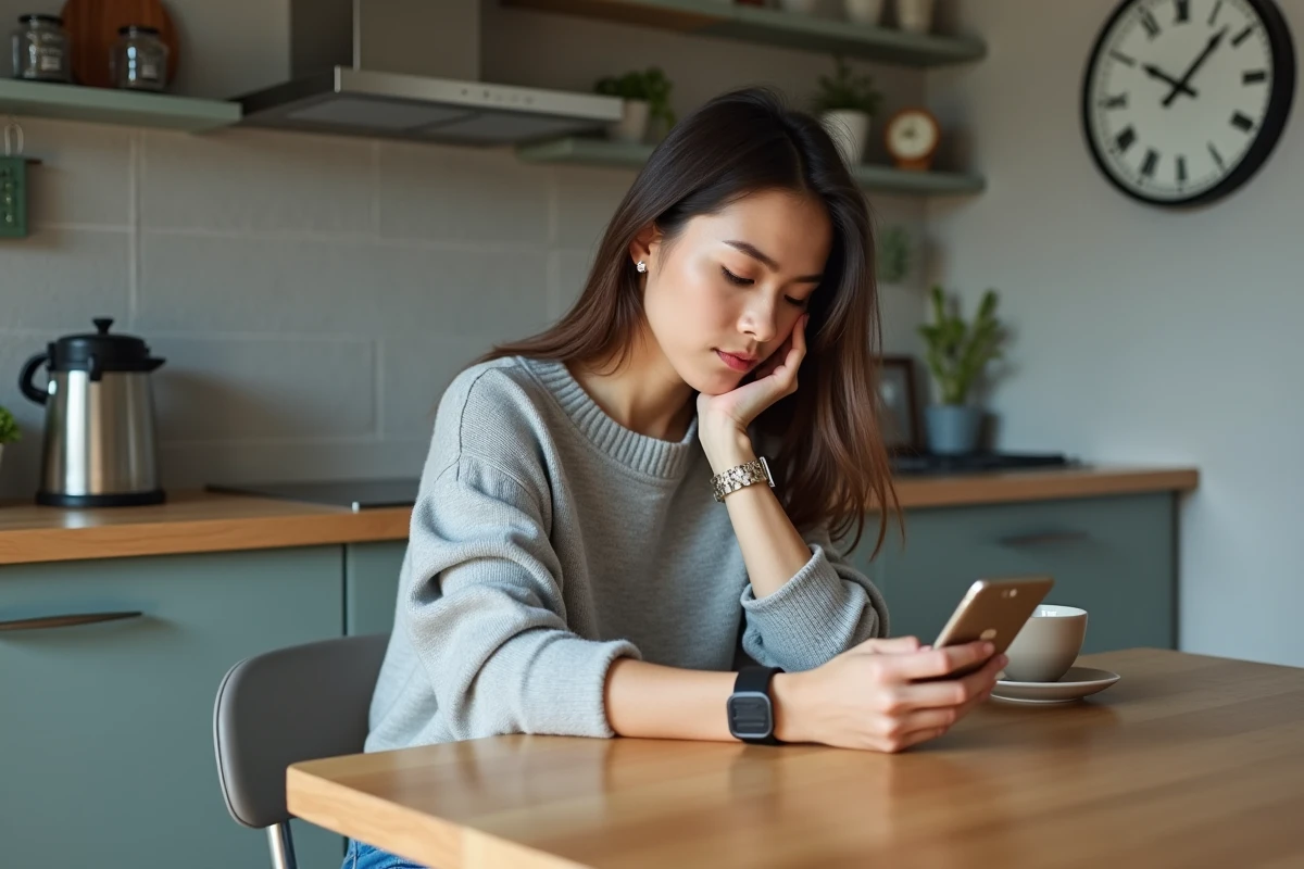 Jeune femme pensant dans une cuisine moderne à 23h23
