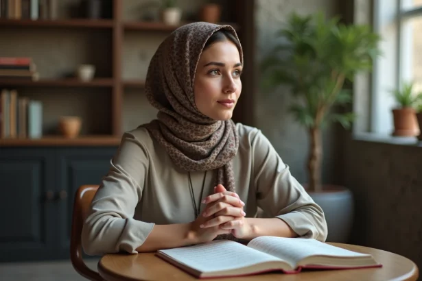 Femme méditant avec un carnet en arabe dans un intérieur calme