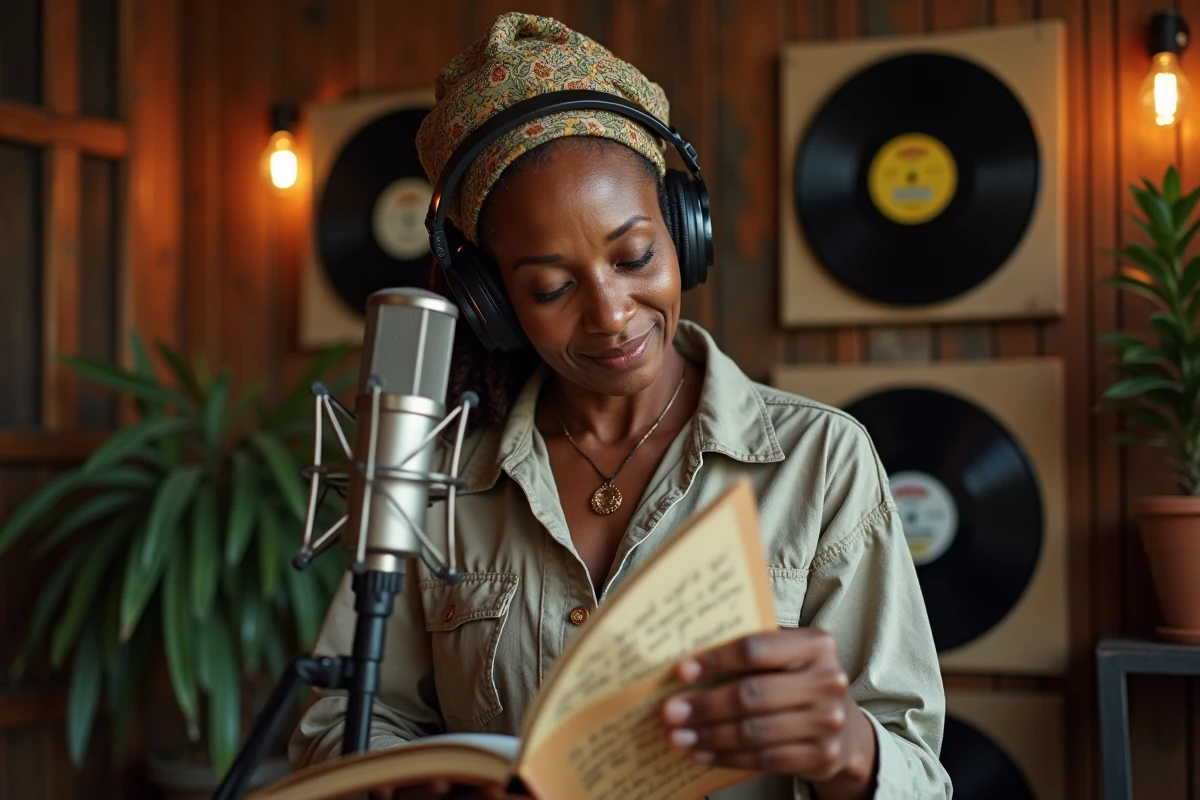 Femme reggae en studio avec micro et paroles à la main