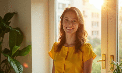 Jeune femme en robe jaune près d'une fenêtre ensoleillée