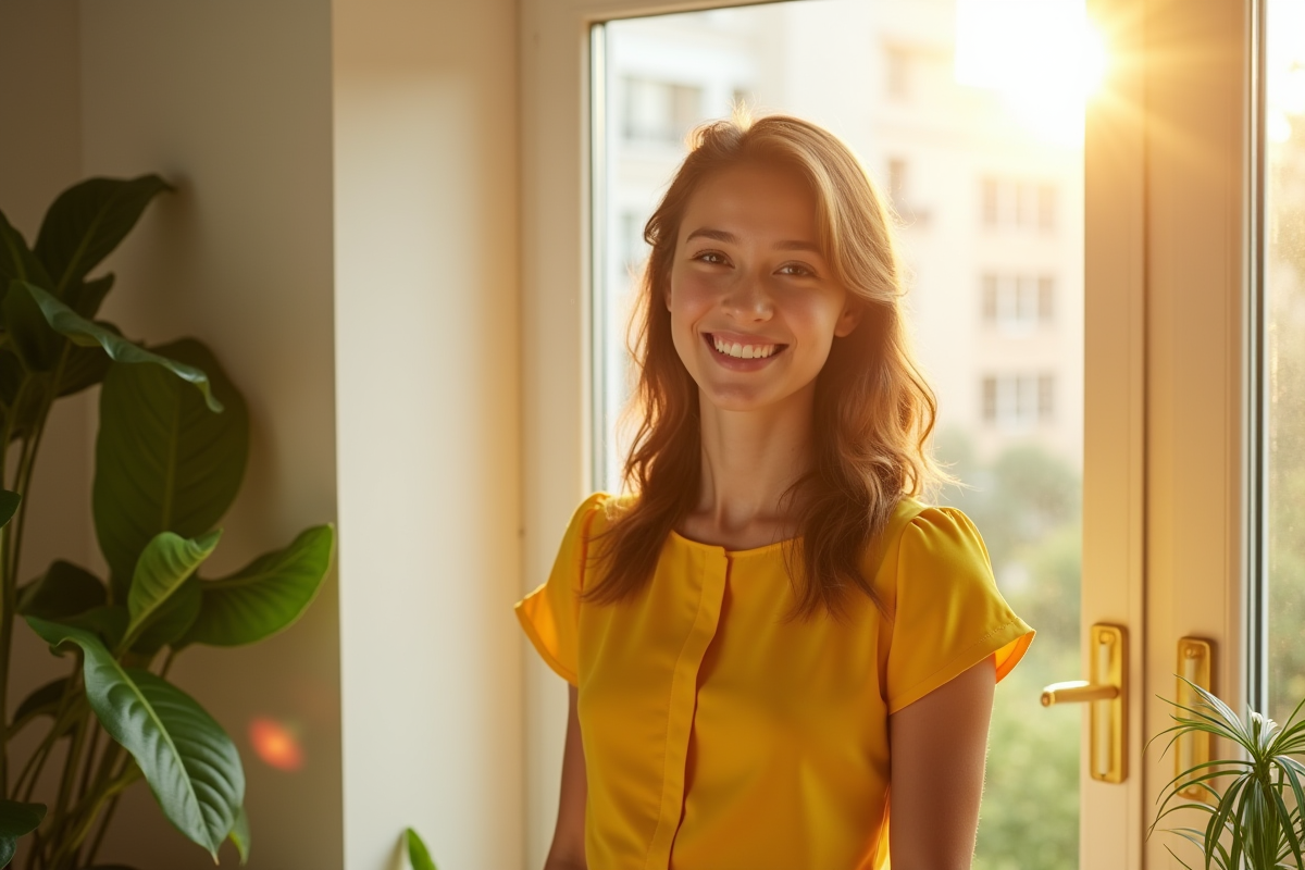 Jeune femme en robe jaune près d'une fenêtre ensoleillée