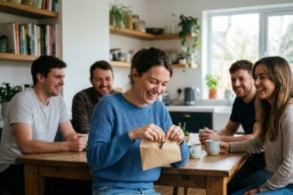 Femme souriante déballant un cadeau avec des amis
