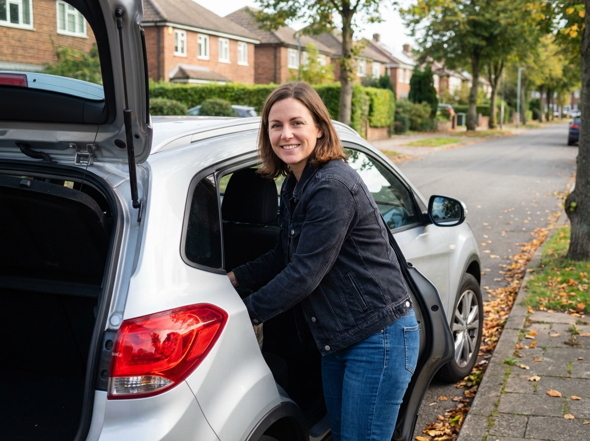 Femme souriante à côté d'un SUV dans un quartier résidentiel