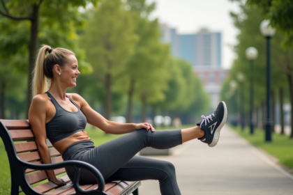 Femme souriante en tenue de sport s'étire dans un parc urbain