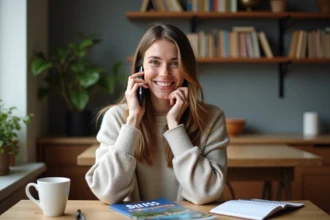Jeune femme souriante au téléphone dans un appartement cosy
