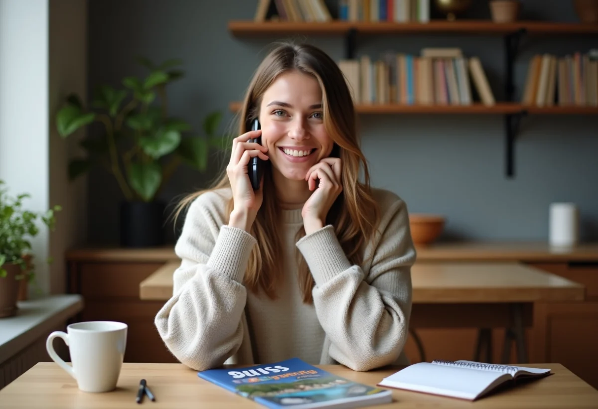 Jeune femme souriante au téléphone dans un appartement cosy