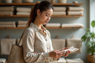 Jeune femme examinant un tissu naturel dans un magasin écologique