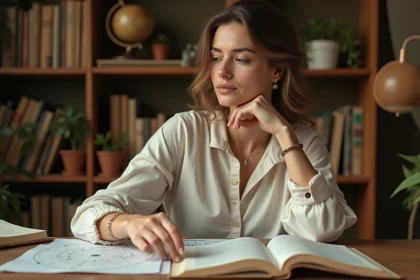 Femme studieuse consultant un thème astral et des livres d'astrologie sur un bureau en bois chaleureux