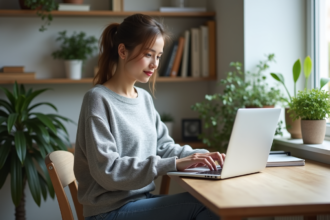 Jeune femme travaillant sur un ordinateur portable dans un bureau moderne