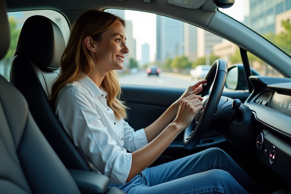 Jeune femme dans une voiture hydrogene examine le tableau de bord