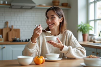 Femme souriante dégustant un yogourt dans une cuisine lumineuse