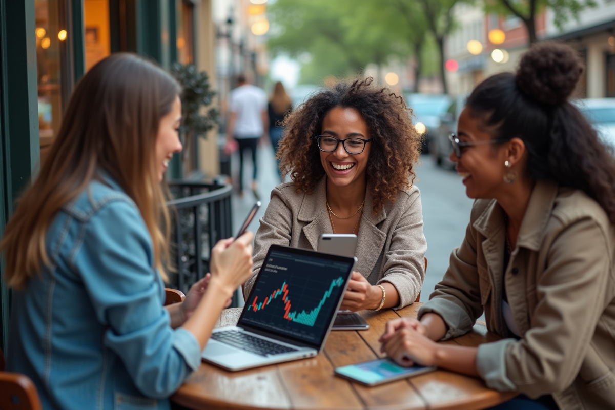 Trois femmes discutent blockchain autour d un café en extérieur
