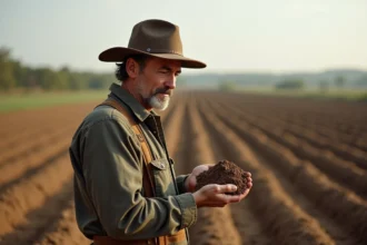 Fermeur examinant la terre dans un champ cultivé
