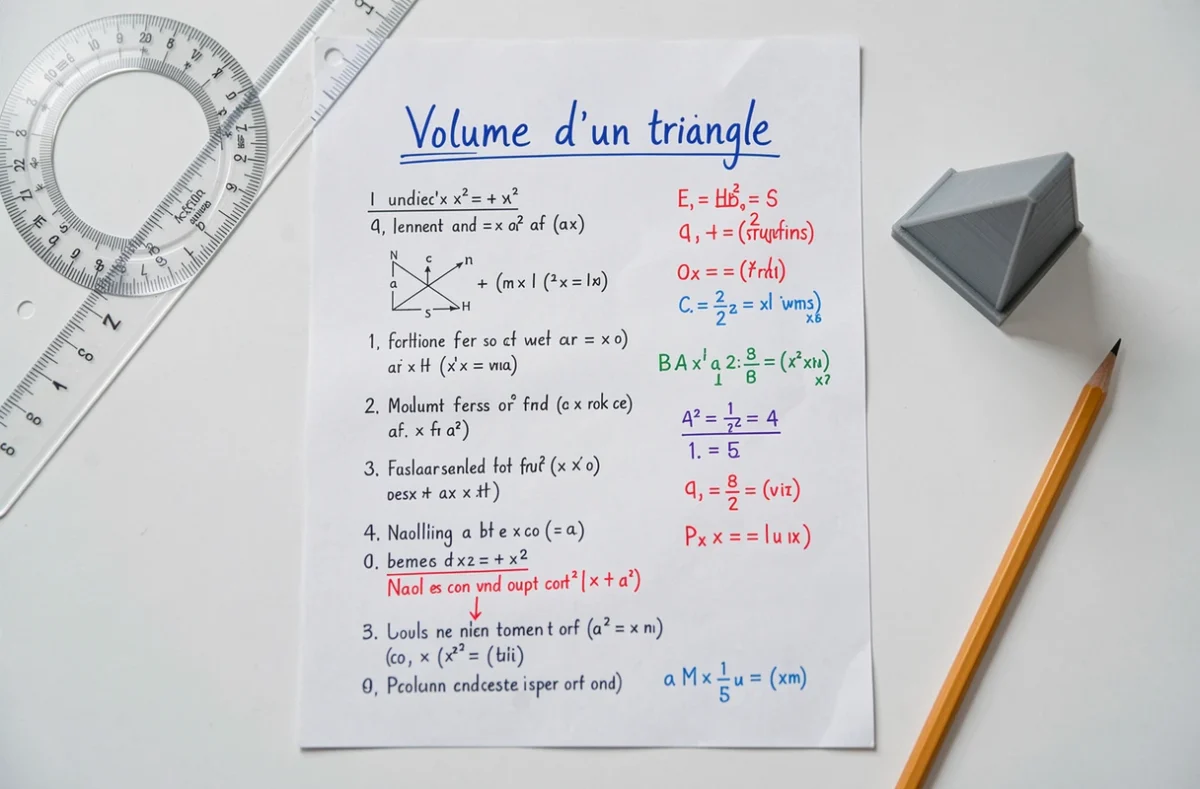 Fiche de révision manuscrite sur le volume d'un triangle posée sur un bureau blanc avec règle, rapporteur et modèle 3D