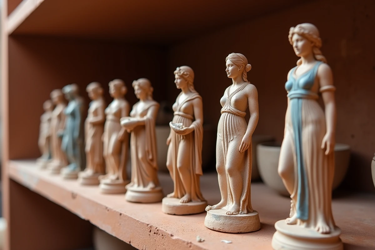 Figurines en céramique artisanale représentant des déesses grecques Héra Déméter Perséphone sur une étagère d'atelier de poterie