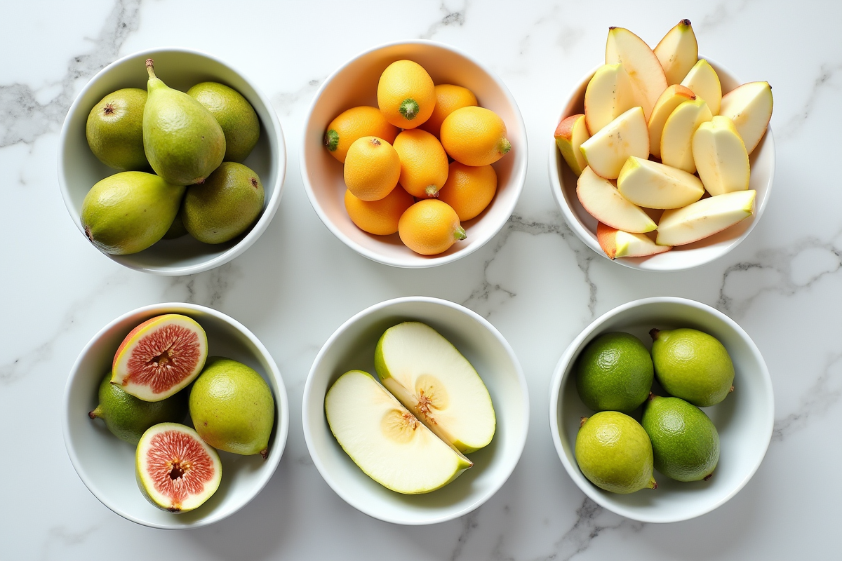 Fruits Fletter tranchés dans des bols sur marbre blanc