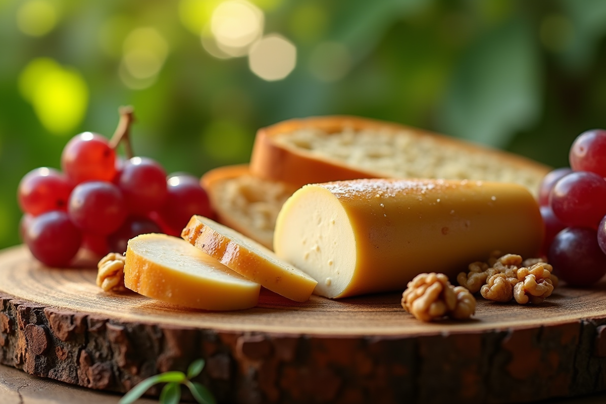 Foie gras sur planche en bois avec fruits et pain