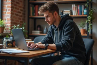 Jeune homme gamer concentré dans son univers Dofus à son bureau