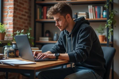 Jeune homme gamer concentré dans son univers Dofus à son bureau