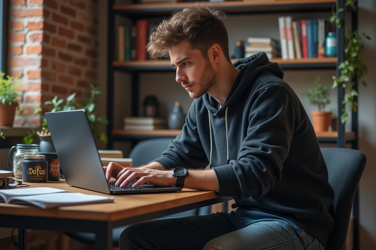 Jeune homme gamer concentré dans son univers Dofus à son bureau