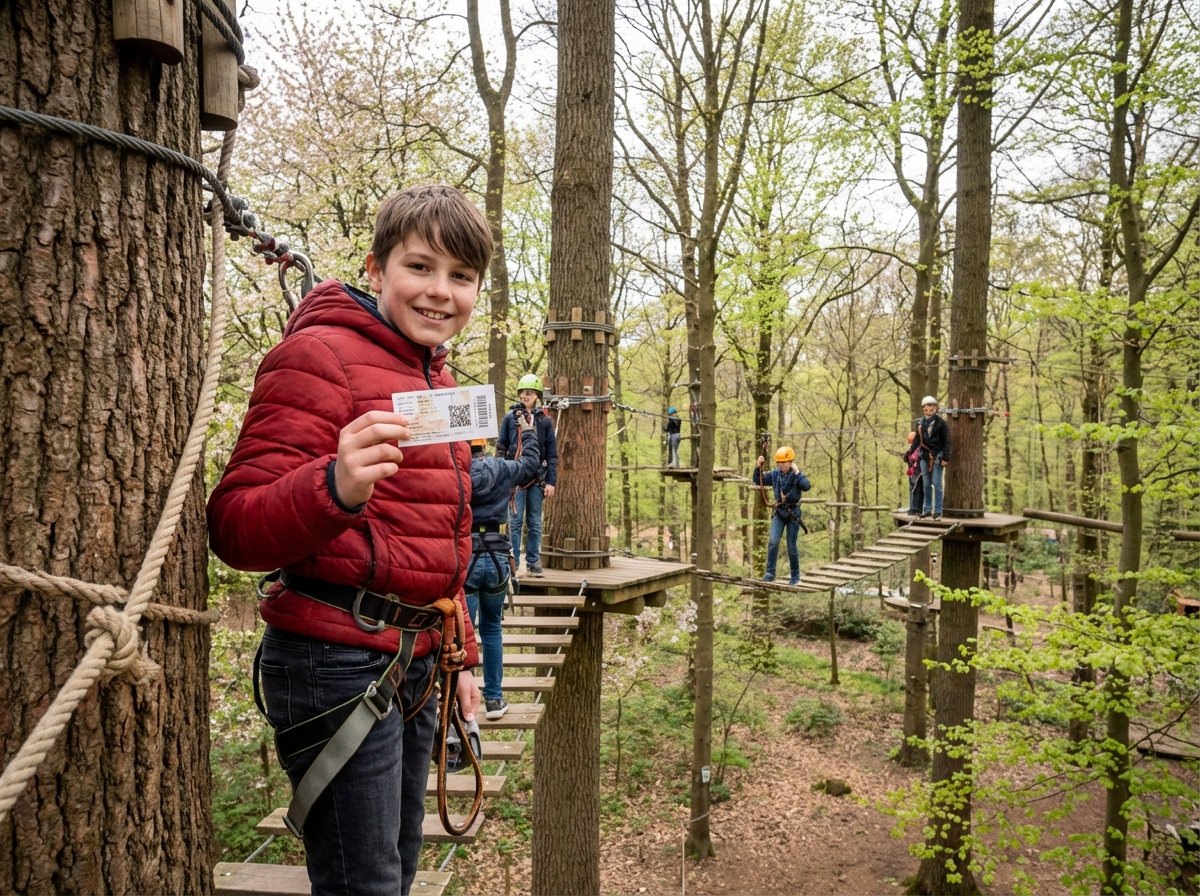 Garçon de 12 ans dans un parc aventure en forêt