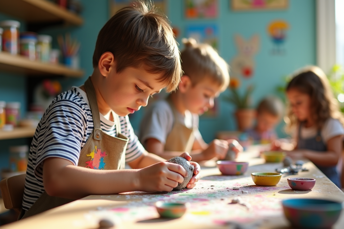 Garçon sculptant de la pâte à modeler colorée en atelier