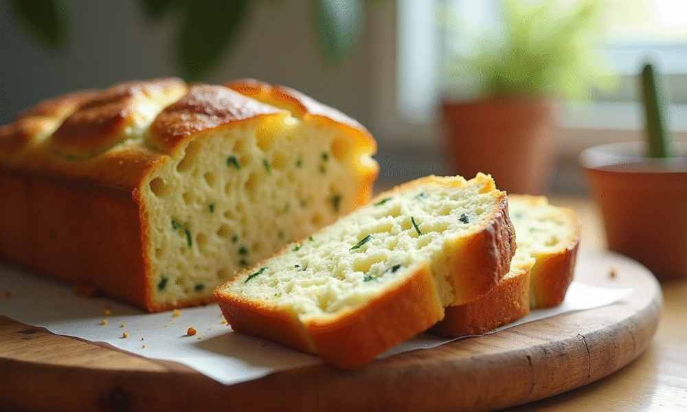 Tranche de cake courgette feta sur planche en bois