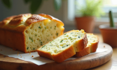 Tranche de cake courgette feta sur planche en bois