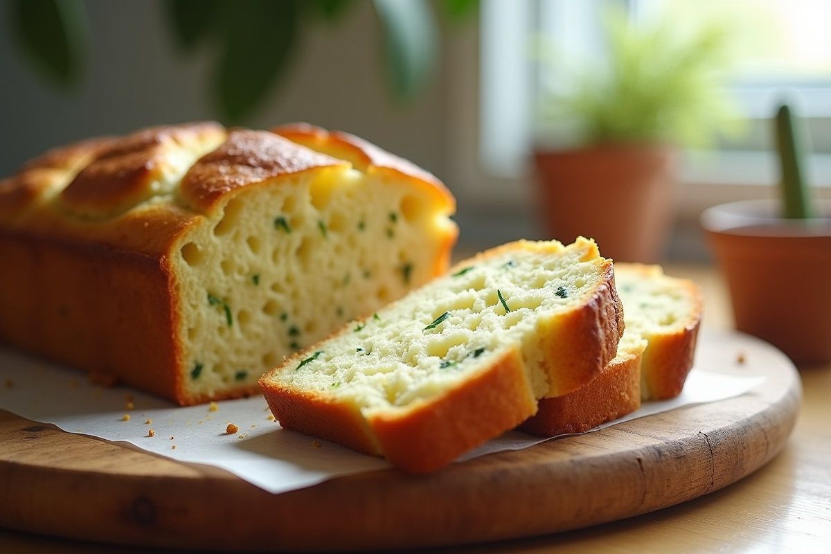 Tranche de cake courgette feta sur planche en bois