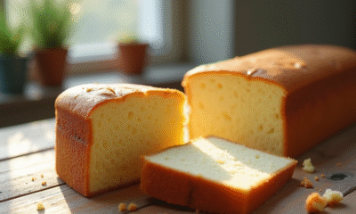 Part de gâteau éponge dorée et moelleuse sur table en bois