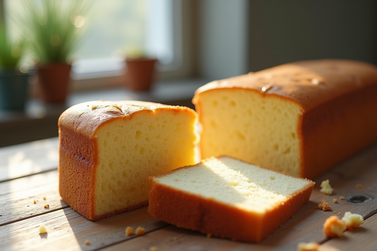 Part de gâteau éponge dorée et moelleuse sur table en bois