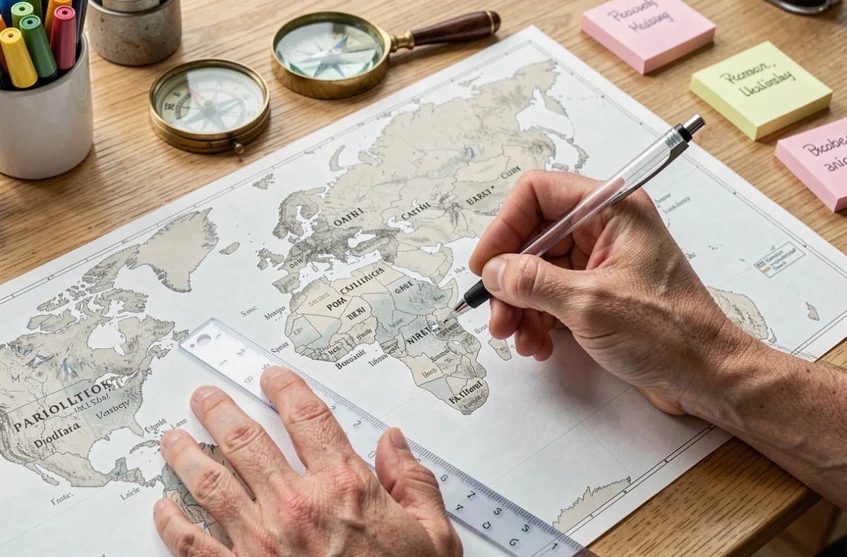 Gros plan de mains annotant une carte du monde vierge avec un stylo cartographique et une règle sur un bureau en bois