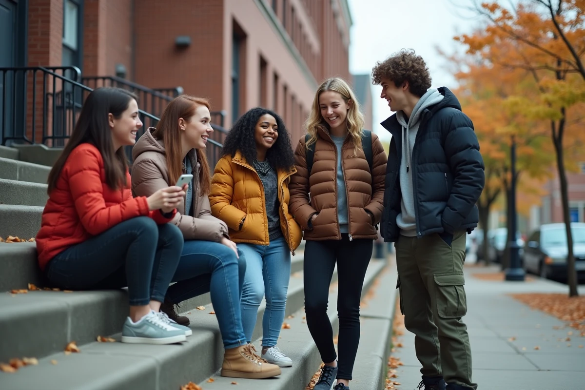 Groupe de quatre adolescents devant un lycée urbain en automne, illustrant les interactions sociales et le langage des jeunes en 2026