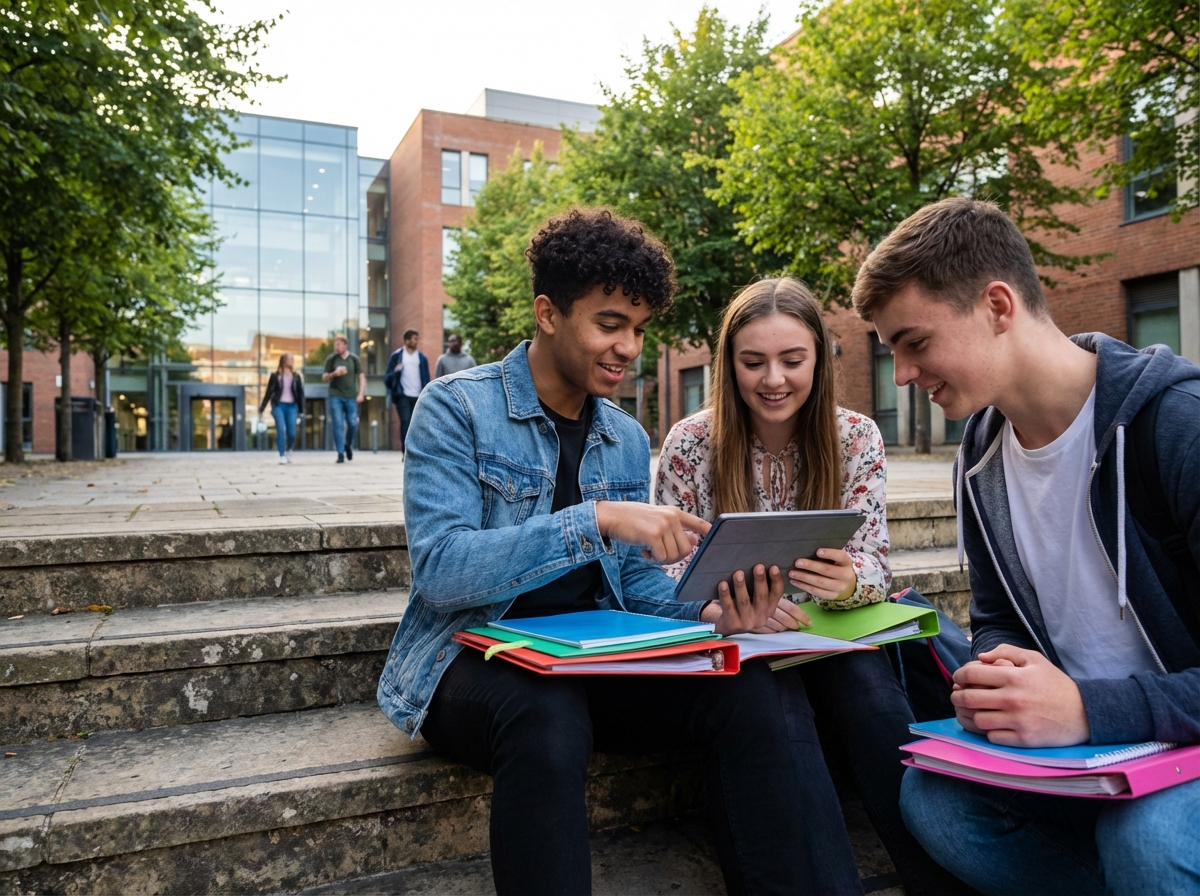 Trois adolescents discutant sur les escaliers du campus