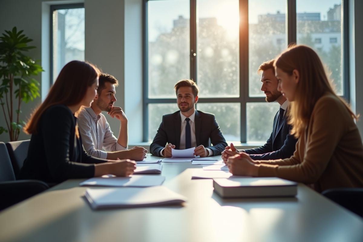 Groupe d'adultes divers dans un bureau moderne en réunion