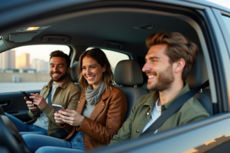 Groupe d'adultes dans une voiture en ville