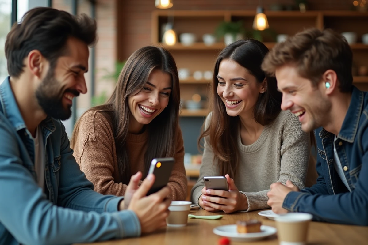 Groupe d'amis riant autour d'un smartphone affichant un gif animé d'anniversaire avec smiley