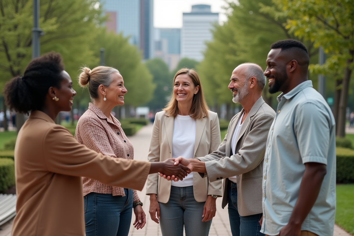 Groupe divers d'adultes échangeant des salutations amicales dans un parc