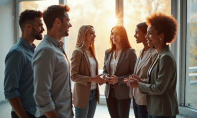 Groupe diversifié en discussion dans un espace lumineux