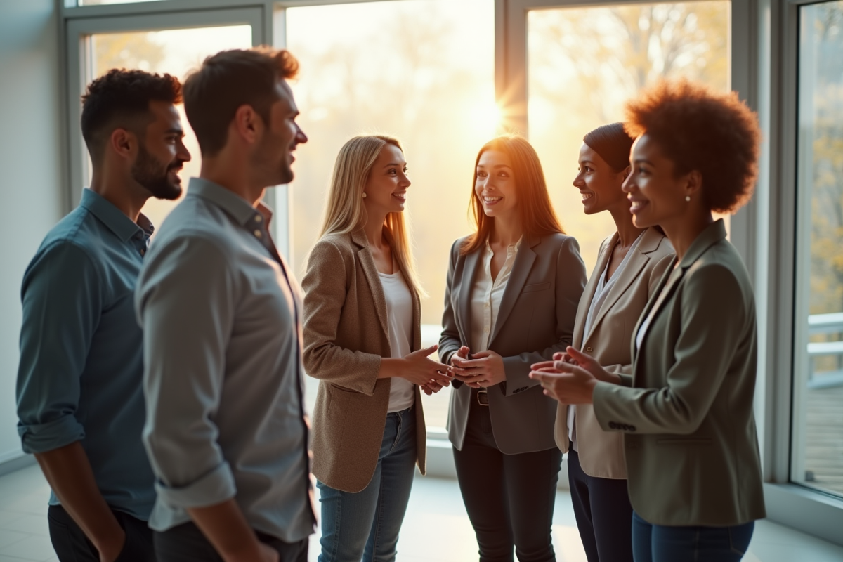 Groupe diversifié en discussion dans un espace lumineux