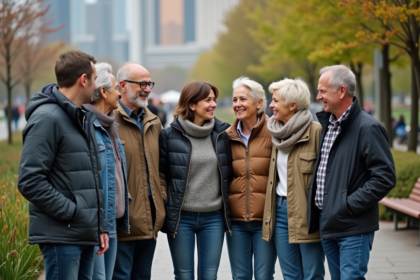 Groupe divers d'adultes dans un parc urbain ensoleille